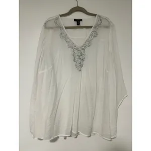 Alfani Boho 22W White Silver Sequin Beaded V-Neck Kimono Sleeve Tunic Top Womens thumbnail 2