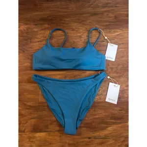 QUINCE Bikini SET Italian Low Rise Bottom Scoop Top Lagoon Teal Blue Small S NWT thumbnail 2