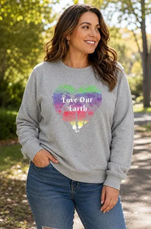 EcoThreads Love Our Earth Gray Rainbow Heart Sweatshirt XL Eco Graphic Pullover thumbnail 1