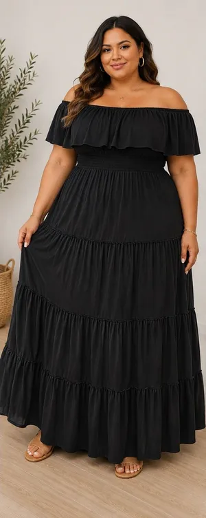 Pure Energy Maxi Dress Womens 1X Black Off Shoulder Tiered Smocked Boho thumbnail 1