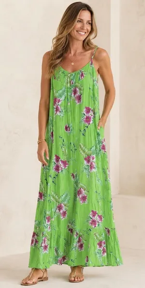 Soft‎ Surroundings Green Floral Crinkle Maxi Slip Dress Women's M/L thumbnail 1