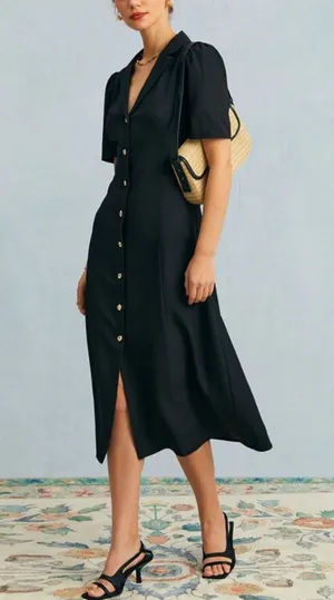 Rihoas The Black V Neck Button Puff Sleeve Midi Dress thumbnail 1