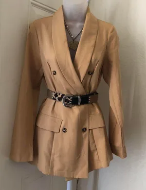 Tan apricot nude beige cream long slightly oversize double breasted blazer streetwear office siren core with belt loops thumbnail 1