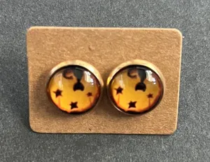Halloween Pumpkin Face Star Stud Earrings Gold Tone Round Cabochon Women thumbnail 1