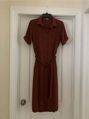 Women's Rust Collared Midi Shirt Dress with Waist Tie thumbnail 3