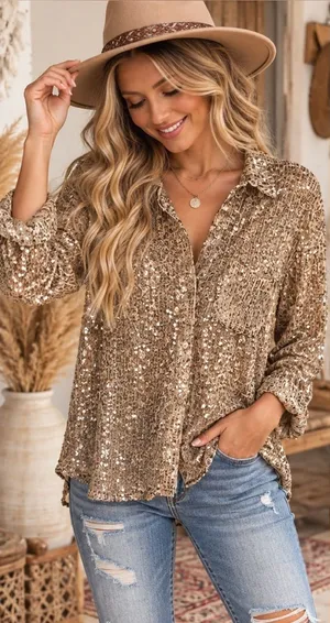 POL Gold Sequin Button-Down Shirt thumbnail 1