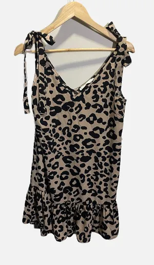 Karlie Leopard Tie Shoulder Ruffle Bottom Dress Womens S Tan Black Animal‎ Print thumbnail 1