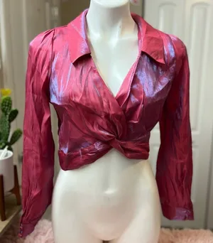 Milk & Honey Red Pink Sheer Crop Top Twist Front Long Sleeve Blouse Size Medium thumbnail 1