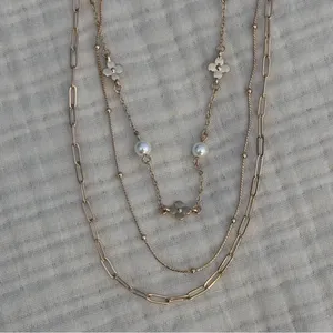 Gold-Tone Multi-Layer Stacked Chain Necklace With Faux Pearls & Heart Charms thumbnail 2