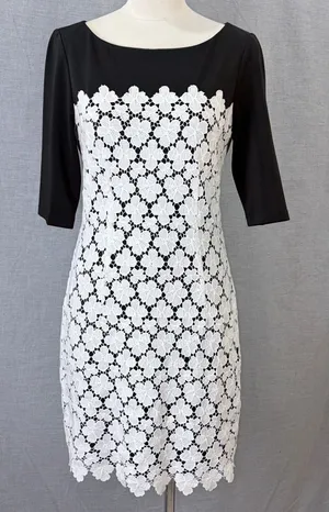 Suzi Chin for Maggy Boutique Black White Lace Overlay Sheath Dress 3/4‎ Sleeve 8 thumbnail 1