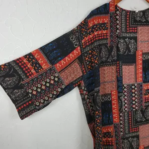 PinkBlush Womens‎ Kimono Cover Up Size L Black Brown Bandana Paisley Print Open thumbnail 3