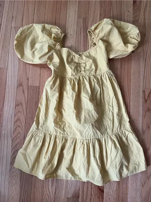 Billabong 100% Cotton Butter Yellow Puff Sleeve Babydoll Mini Dress Small Beach thumbnail 1