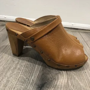 Sanita Leather Studded Wooden Heel Peep Open Toe Brown Heeled Clog Mules 39/8.5 thumbnail 5