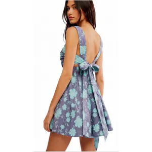 Free‎ People NWOT Meet Me In Maui Floral Mini Dress Teal Gray Ruched L Summer thumbnail 2