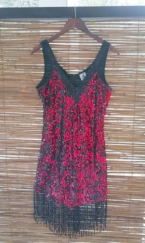 Spirit S/M Halloween Costume Fringe Red Black Flapper Dress w Beaded Frunge thumbnail 1