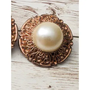 Vintage Clip On Earrings - Light Copper Tone Halo with Faux Pearl Large thumbnail 3