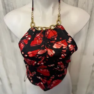 Meraki Red & Black Abstract Halter Top Small Gold Chain Neck Tie Back thumbnail 5