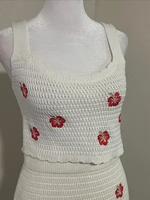 wild fable White Crochet Two-Piece Skirt Set with Red Floral Embroidery thumbnail 3