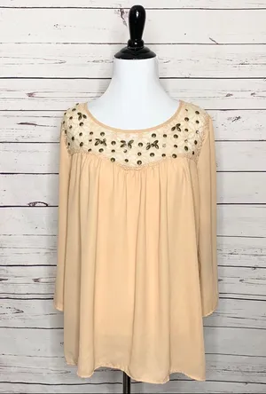 BKE Long Sleeve Beaded Trim High Low Tunic Top blouse Size Medium thumbnail 1