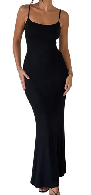 NWT Few Moda Black Ribbed Maxi Dress Adjustable Straps Size Medium thumbnail 1