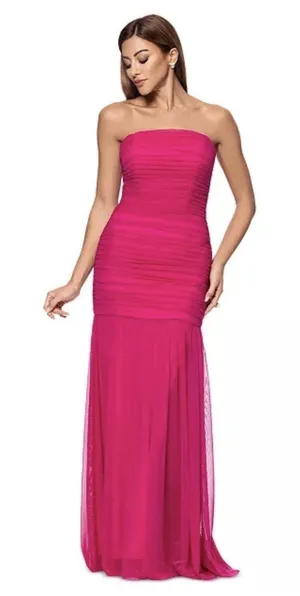 XSCAPE gown allover ruched bodice and straight neckline Size 10 Pink Flowy thumbnail 1