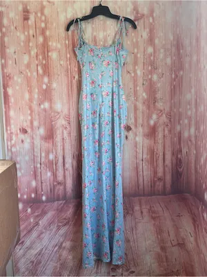 Shein PARTHEA Blue Floral Print Spaghetti Strap Mermaid Hem Ruched Maxi Dress L thumbnail 10