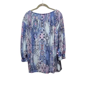Sew in Love boho peasant blouse multi blue and pink geometric print. Size Large thumbnail 2