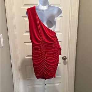 AQUA One Shoulder Ruched Bodycon Mini Dress Red Formal Glam NWT‎ L thumbnail 9