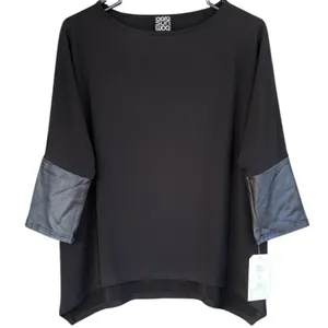 NWT Clara Sun Woo Faux Leather Sleeve Top Black Generous Size XS thumbnail 1