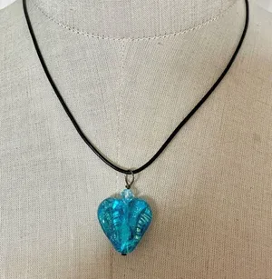 Blue glass heart pendant necklace sterling silver clasp on cord thumbnail 1