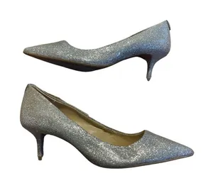 Michael Kors Women's Flex Kitten Pump Pointed Heel Silver Glitter Prom Wedding thumbnail 1