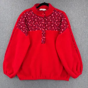 LOFT Womens XL Red Sherpa Fleece Floral Yoke Snap Neck Pullover Sweatshirt thumbnail 1