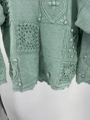 Melbourne Elements Pom Pom crochet Knit Patchwork Sweater sage L cottage thumbnail 6