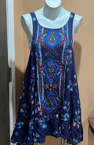 Free people blue patterned open back flowy dress thumbnail 1