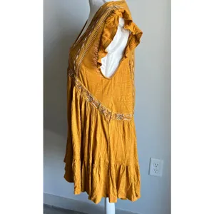 Free People Boho Yellow Embroidered Flowy Ruffle Top Blouse Oversized Size S thumbnail 4