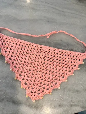 Handmade Crochet Wood Beaded Kerchief Head Scarf Cotton Boho Bandana Cottagecore thumbnail 2