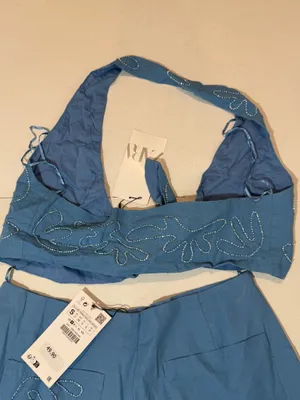 Zara Blue Embroidered Halter Crop Top & Shorts Set thumbnail 5