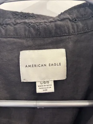 American Eagle Black Eyelet Embroidered Button Front Camp Shirt Large thumbnail 2