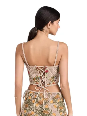 NWT Agua Bendita Tan Floral‎ Crochet Corset Tile Vicky Crop Top Size Medium thumbnail 2