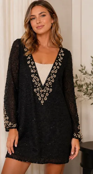 Papell Studio Silk Beaded Mini Cocktail Dress Black Size Small Embellished NWT thumbnail 1
