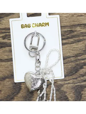 NWT Key Ring Heart Locket Charms Beaded Bow Bag Charm Silver Gray / White 6.5" thumbnail 2