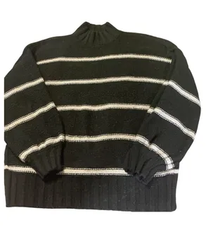 Olive + Oak Striped Chunky Knit Mock Neck Sweater - Size L Black/White thumbnail 1