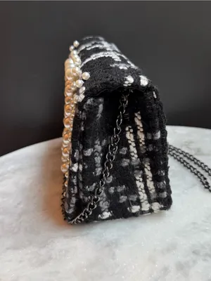 Chico's Pearl Embellished Tweed Crossbody Bag Black White Evening Clutch thumbnail 4