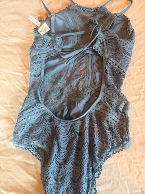 BECCA by Rebecca Virtue 711187 NWT Lace One Piece Swimsuit Steel Blue High Neck Size Small thumbnail 2