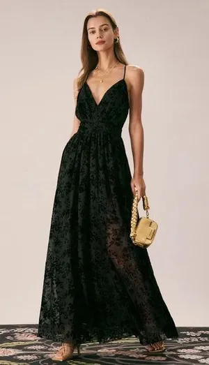 Rihoas Black Floral Flocked Mesh Slit Maxi Dress thumbnail 1