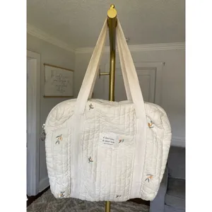 Quilted Embroidered Diaper Tote Bag Neutral Cream Ditsy Floral‎ Cottagecore Baby thumbnail 2