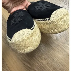Tory Burch‎ Espadrille Black Platform Slides Leather Suede Chunky Resort Luxury thumbnail 4