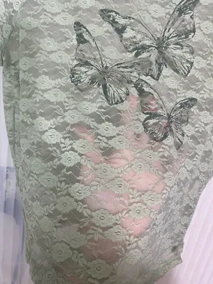 Ultra Flirt Lace Top Womens XL Green Sheer Floral Butterfly Graphic Short Sleeve thumbnail 4