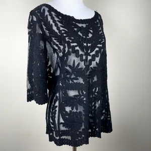 Laundry by Shelli Segal Blouse‎ Large Black Lace Brocade Over Mesh Scalloped Hem thumbnail 4