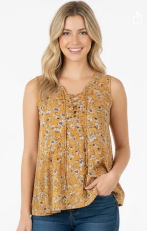 ENTRO size large mustard floral boho babydoll top thumbnail 1